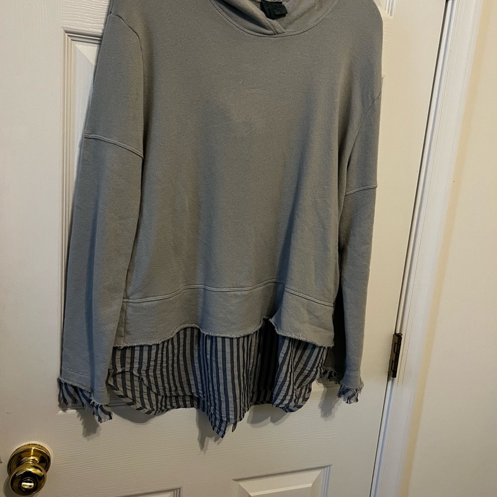 Anthropologie Grayish Blue  Sweatshirt with Striped Hem and hoodie